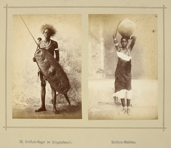 (Left) A young Shilluk warrior, holding hide shield, spear and club, wearing a fringed hair ornament.
(Right) A young Shilluk woman dressed in an animal skin, holding a large vessel on her head.