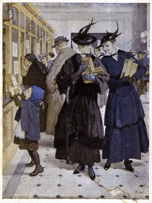 Communication. At the post office. Engraving, Germany, c.1900 (colour engraving)