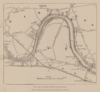 Plan of the River Thames between Putney and Mortlake, Length of University Boat Race Course, Four Miles Two Furlongs (engraving)