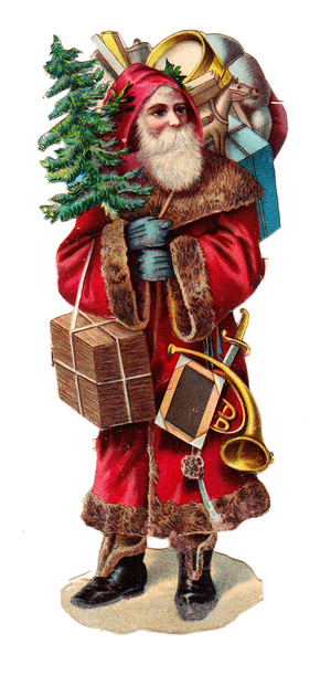 A Victorian Paper Scrap Relief of Father Christmas holding a Christmas tree with toys on his back, c.1880 (colour litho)