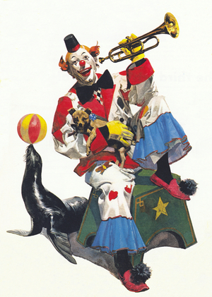 Clown at the circus (colour litho)