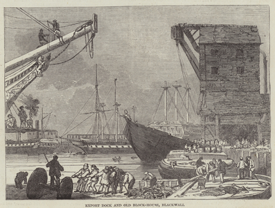 Export Dock and Old Block-House, Blackwall (engraving)