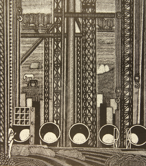 Building the Oskol Electrometallurgical Industrial Complex, 1978 (linocut)