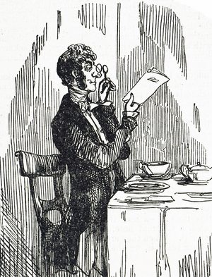 Engraving depicting a man using lorgnettes to read his newspaper at the breakfast table, 19th century