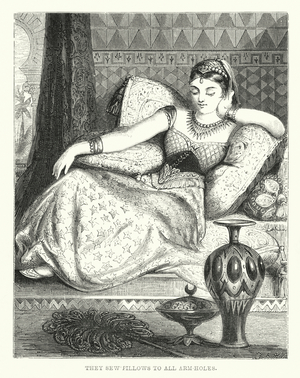 They sew pillows to all arm-holes (engraving)