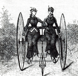 An engraving depicting a quadricycle with room for two persons to sit side by side. Its width made it an inconvenient vehicle, 19th century