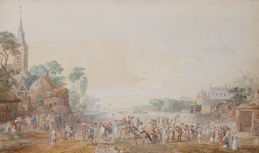The Duke of Penthievre with Benjamin Franklin on his right side attending a review of his volunteer regiment next to his chateau at Rambouillet, 1776 (gouache & white chalk on paper)
