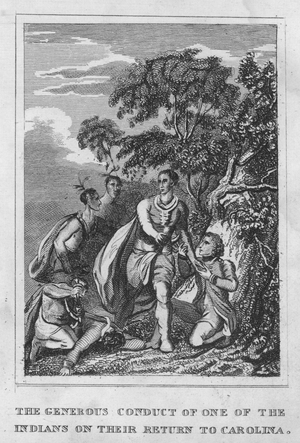 The generous conduct of one of the Indians on their return to Carolina (engraving)