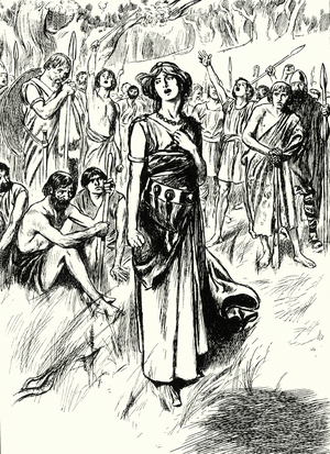 Queen Boadicea and her soldiers (litho)