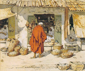 Morocco: A shopping scene, Tangiers, c.1928.