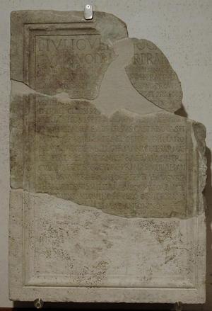 A slab with dedication to L. Iulius Iulianus, prefect of the praetorship, Rome, 189-192 AD