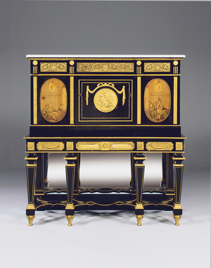 Cabinet-on-stand, incorporating marquetry panels and constructional elements from a commode by David Roentgen, the frieze mounts attributed to Francois Redmond (ormolu mounted ebony)