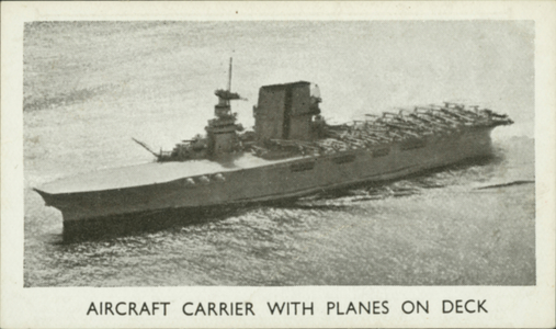Modern armaments, 1938: Aircraft Carrier with Planes on Deck (b/w photo)