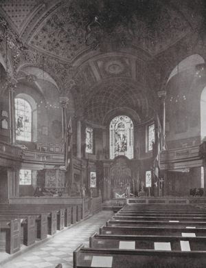Westminster, Parish Church of St Clement Danes, 1682, Interior, looking E (b/w photo)