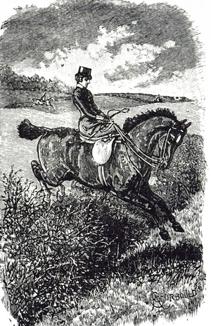 An engraving depicting a young woman riding side-saddle on her horse in the hunting field, 19th century