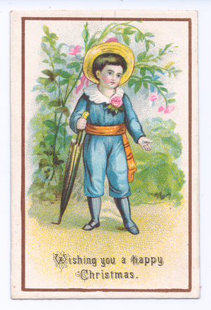 A Victorian Christmas card of a boy holding an umbrella, c.1880 (colour litho)