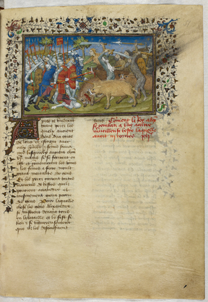 Miniature of Alexander's battle with boars and many-handed savages