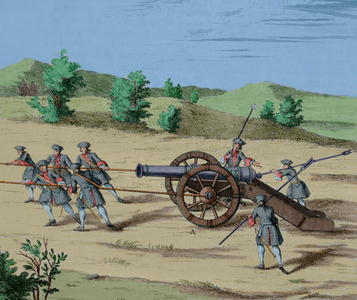 Cannon shooting while it goes forward at the head of a line, according to the Swedish method. 17th century, 1727 (engraving)