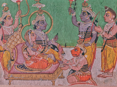 Hanuman kneeling at the feet of Rama, India (miniature)