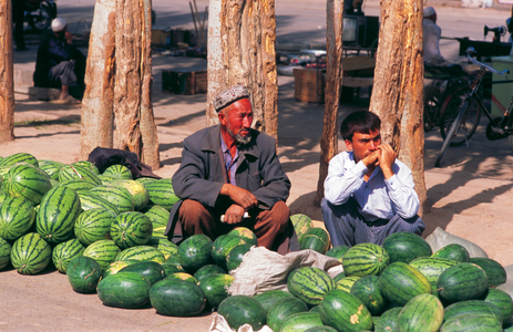 China: Uighur watermelon vendors near the Animal Market, Kashgar, Xinjiang