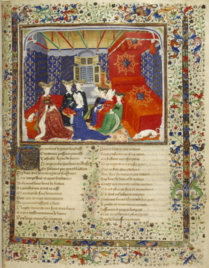 Christine de Pisan presenting her book to Isabeau of Bavaria, Queen of France. The opening of the dedicatory poem, ''Epître à la Reine Isabelle', beginning with decorated initial 'T'. Borders of foliate decoration.