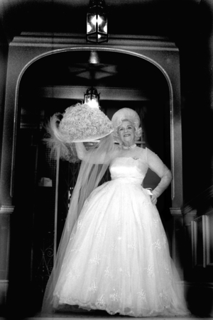 Mrs Gertrude Shilling wearing a hat by David Shilling, 1979 (b/w photo)