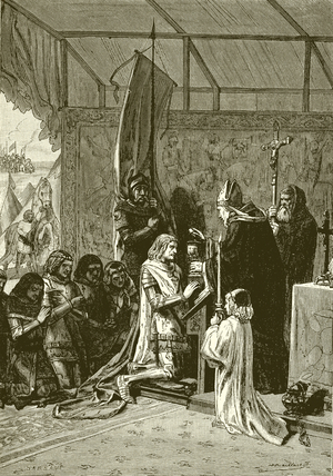 King John taking communion before the battle of Poitiers (engraving)