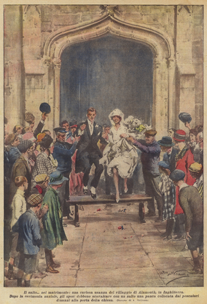 The leap into marriage, a curious custom in the village of Alnmouth, England (colour litho)