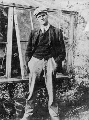 James Joyce in the garden of his friend Constantine Curran in Dublin, 1904 (b/w photo)