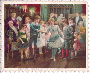 A Victorian New Year card of a boy and a girl dancing at a gathering, c.1880 (colour litho)
