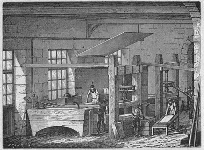Science. Paper Making. Handmade paper. Engraving in: Grands hommes et grands faits de l'industrie, France, c.1880 (engraving)