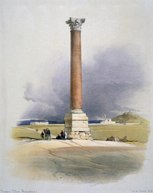 Pompey's Pillar, Alexandria: Red granite column erected to Diocletian, 4th century, once thought to mark burial place of Pompey the Great. By David Roberts (1796-1864) Scottish artist and orientalist, 19th century (watercolour)
