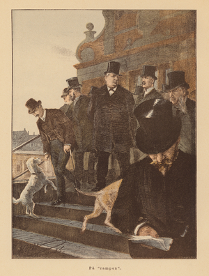 Men and their dogs on the steps of a monument (colour litho)