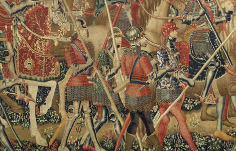 Tapestry showing the Conquests of king Alfonso V of Portugal (Conquistas de Alfonso V de Portugal), Tournai. Detail. (Wool and silk)