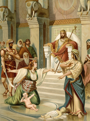 Judgement of Solomon (colour litho)