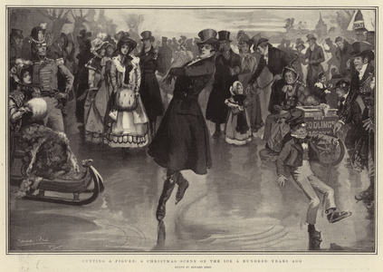 Cutting a Figure, a Christmas Scene on the Ice a Hundred Years ago (litho)