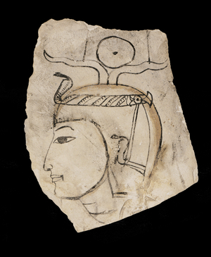 Ostracon with portrait of Pharaoh Amenhotep I, revered patron of the artisans of Deir el Medina …