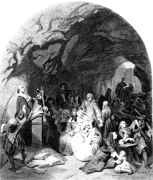 War of the Camisards ( Protestant insurgents of the Cevennes south of France who resisted the violence of the dragonnades after the revocation of the edict of Nantes ) : underground illegal meeting of protestants in the Cevennes caught by the king's "Dragons" 1702 - 1703