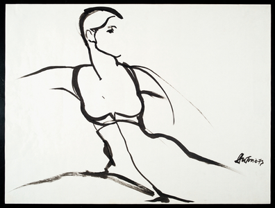 Costume design drawing of fitted jumpsuit with décolleté bra top.