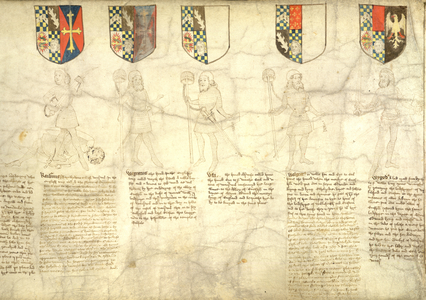 (From left to right): Fig.23. Rainburn, Earl of Warwick, son of Sir Guy and the Lady Felice. A slain Russian giant at his feet. Figs.24, 25 and 26: Wegeat, or Wayth, (25): Ufa, and (26): Wolgeat, or Wollet. Successively, Earls of Warwick, in chain armour. Fig.27: Wygod.