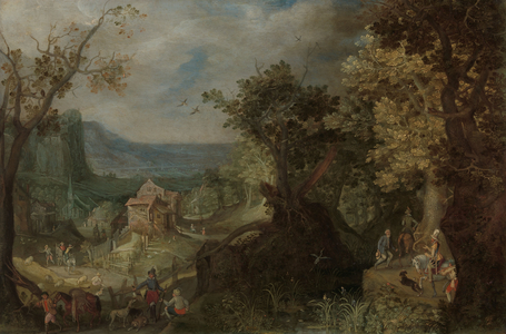 Hunter and Horsemen on a Wooded Road, 1608 (oil on copper)