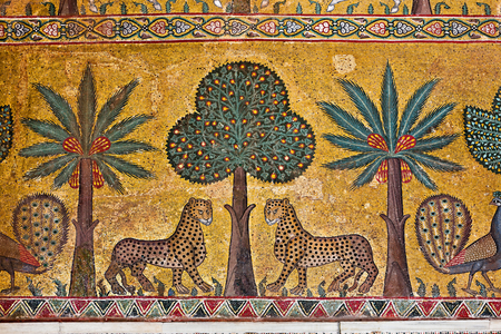 Pisana Tower, the King Roger Room, detail with leopards and palm and banana trees (mosaic)