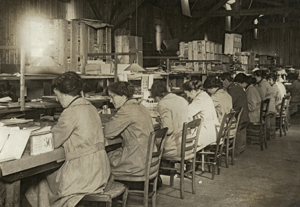 Women's Army Auxiliary Corps at work in a Mechanical Transport Depot, Western Front, 1914-18 (b/w photo)