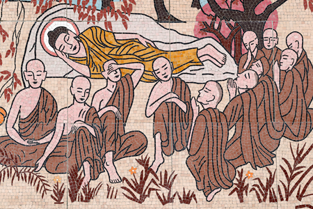 Ong Nui buddhist pagoda, Wall fresco, The life of the Buddha, After 45 years of teaching the Dharma, the Buddha passed into Parinirvana, Quy Nhon, Vietnam, 2019 (photo)