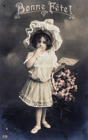 French new year postcard depicting a young girl with a basket of flowers, 1900