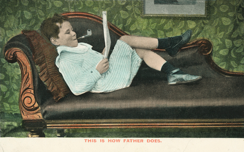 Boy mimicking his father (coloured photo)