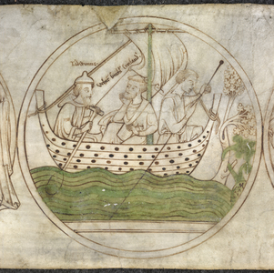 Tatwin conveys Guthlac by boat to Crowland, from 'Guthlac Roll' c.1210 (vellum)