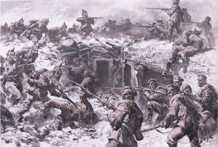 The defeat of the Moscow Grenadier Corps by Silesian, Prussian and Imperial German troops , from The Illustrated History of the World War 1914-1915 pub. by Union Berlagsefellfchaft, 1922 Vol. 3 (litho)