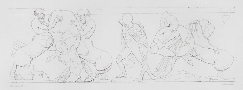 Battle between Greek warriors and centaurs, ancient Greek marble frieze from the Temple of Hephaestus, Athens (engraving)