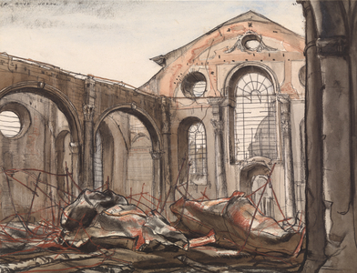St Paul's Cathedral Seen From The Ruins Of St Mary-Le-Bow, Cheapside, London, Ec2, 1941 (watercolour, charcoal, sanguine, crayon on paper)